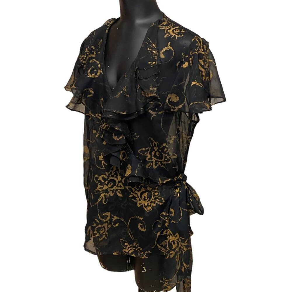 Lauren Ralph Lauren Black Chiffon Gold Floral Print Wrap Top Size 12 - Picture 4 of 7